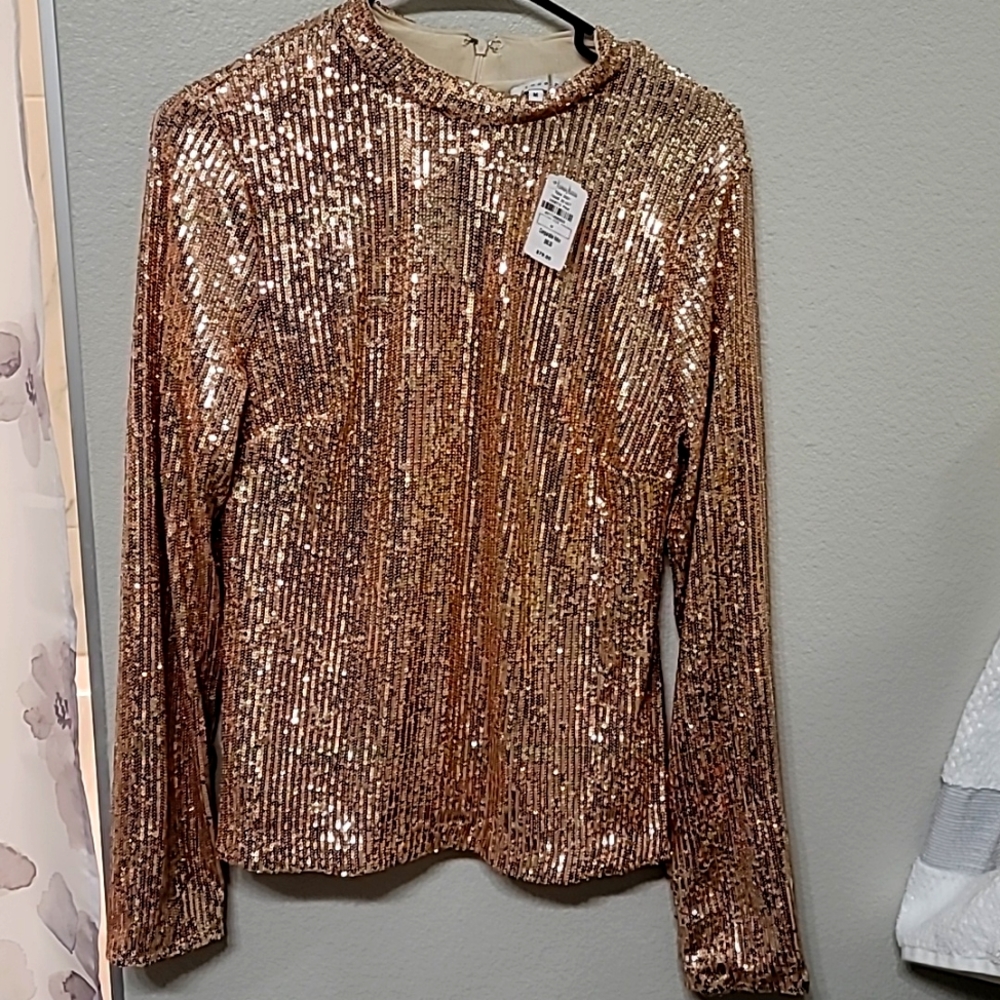 Rose gold sequin long sleeve shirt, size medium